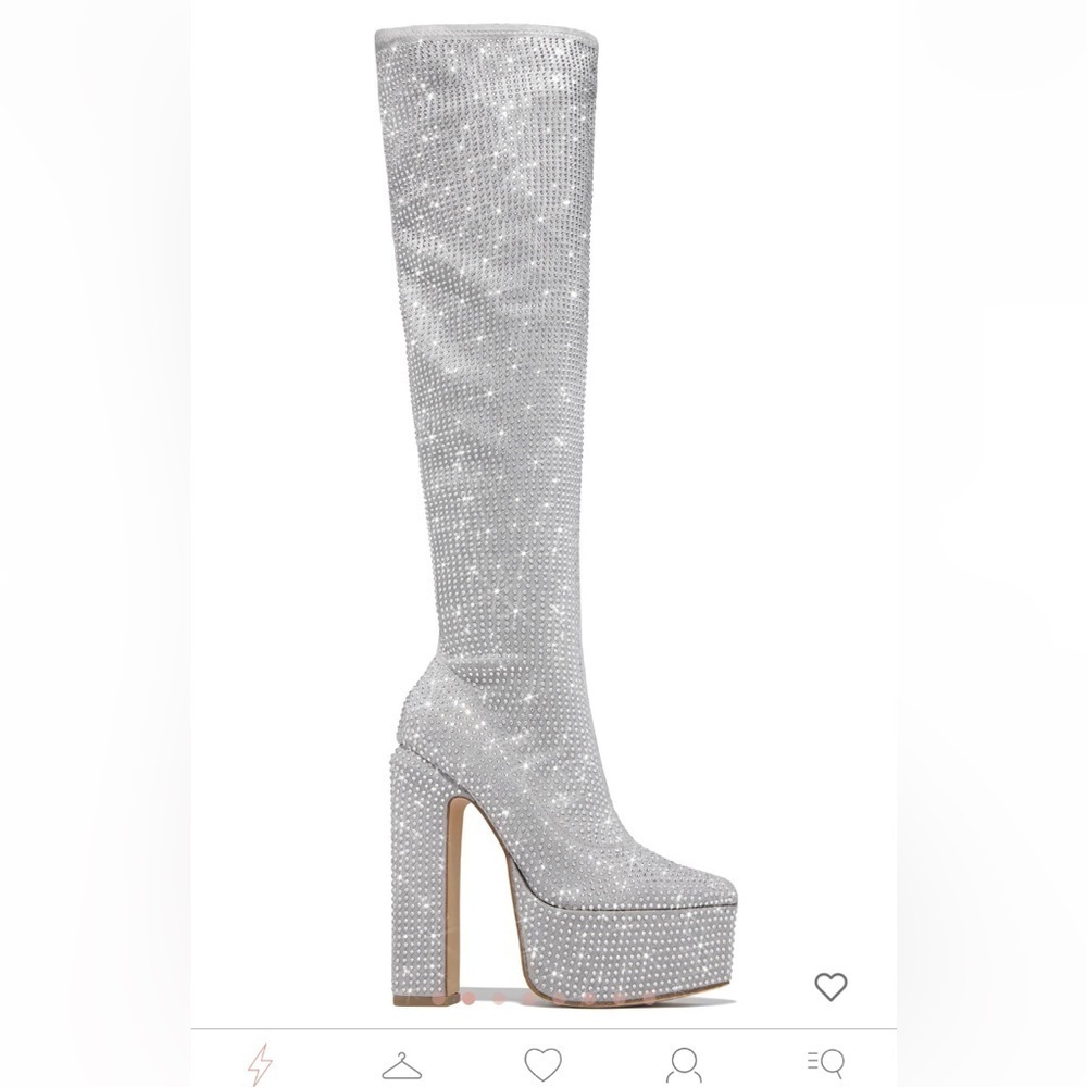 Silver Rhinestone Knee-High Platform Boots